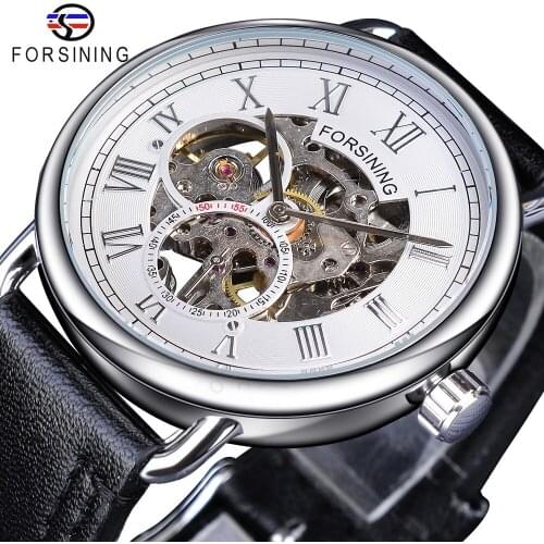 Forsining White Silver Openwork Clock Male Fashion Mens Mechanical Watches Top Brand Luxury Black Genuine Leather Waterproof