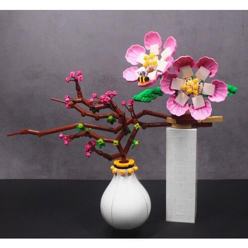 2021 New Retro Chinese Plants Vase Potted Flowers Peach Blossom Building Blocks Brick Model Kids DIY Educational Toys Kid Gift