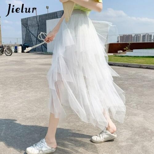 Jielur Black Gray White Skirt Women 2020 New High Waist Irregular Yarn Mesh Skirt Female High Street Chic Lady Faldas 7 Colors