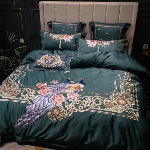 Noble 100S Egyptian cotton Embroidered Bedding sets Peacock Queen King Royal Duvet cover Bed sheet set Pillowcases 4/6pcs Green