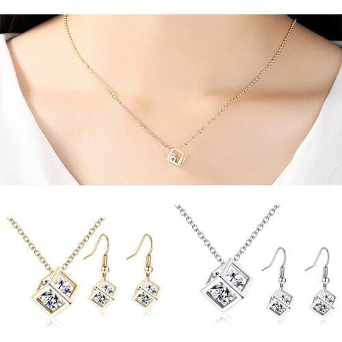 Hook Earrings Jewellery Silver Color Necklace Stud Earrings Womens Cube Pendant