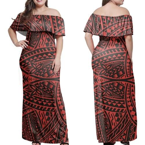 Jackherelook Summer Beach Maxi Dress for Womens Vintage Samoa Polynesain Tribal Floral Print Ladies Bodycon Off Shoulder Dresses