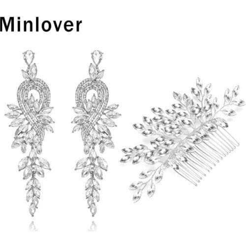Minlover Elegant Leaves Bridal Long Drop Earrings and Hair Combs for Women Silver Color Wedding Jewelry Sets Leaf Shape Bride Earrings Hair Jewelry Set MEH946+FS324