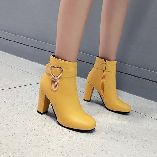 YQBTDL Fashion High Heel Womens Boots Yellow White Black Party Wedding Ladies Shoes Block High Heels Autumn Winter Ankle Boots