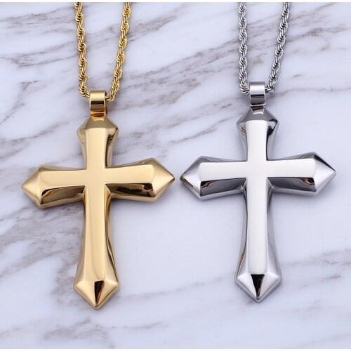 GoldPure Stainless Steel Fashion design Biker Large Solid Smooth Cross Pendant Mens Necklace Free rope chain 22'' 4mm