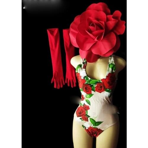 Nightclub Party Dance wear Red Rose Big Headdress Bodysuit+Gloves DJ Singer Stage show Valentines Day Dance Costume