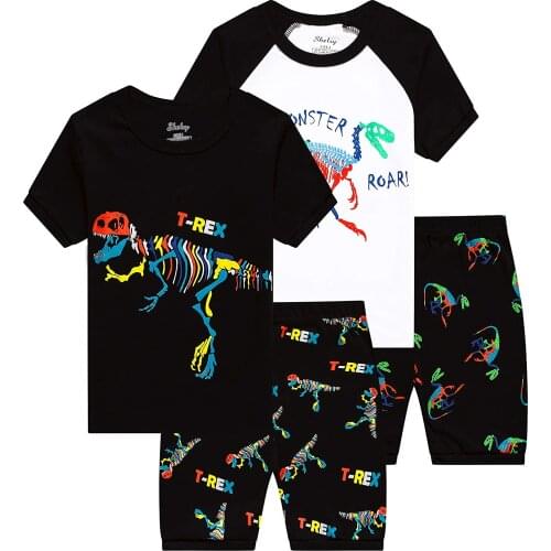 Boys' Pajama Sets Boys Cartoon Sleepwear Dinosaur Pajamas Boys Toddler Kids Grow in The Dark T-Rex 4 Pieces Short Pajama Set