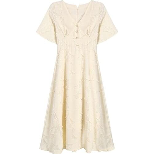 PERHAPS U Beige V Neck Short Sleeve Knee Length Solid Korean Dress Vintage Button A Line D1856
