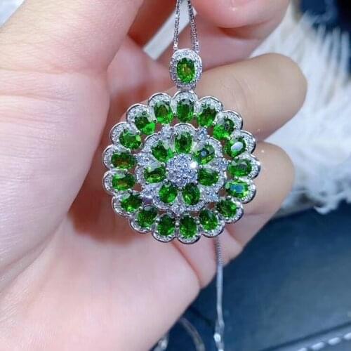 Luxurious big round luxurious natural green diopside pendant S925 silver Natural gemstone Pendant Necklace women fine jewelry
