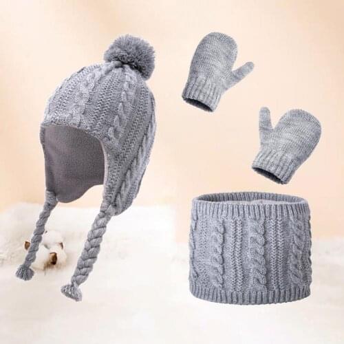 1 Set Boys Girls Hat Circle Scarf Gloves Sets Plush Ball Twist Knitted Soft Fleece Warm Kids Cap Set Winter Equipment foulard