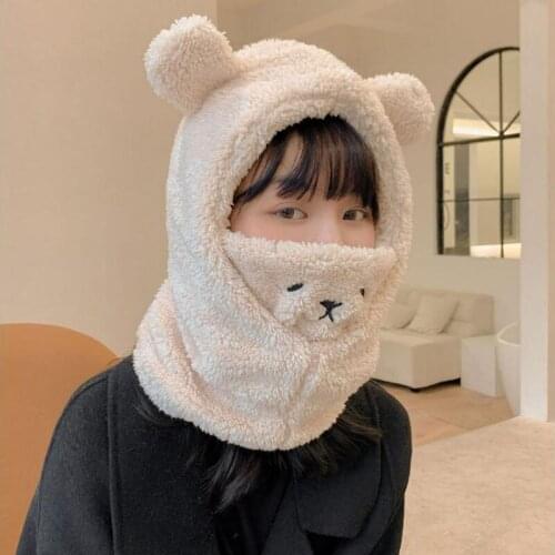 Skullies & Beanies Hats Cartoon Cute Bear Ear Novelty Keep Warm Winter Outdoor Women Casual Embroidery Mask and Bib Set Caps