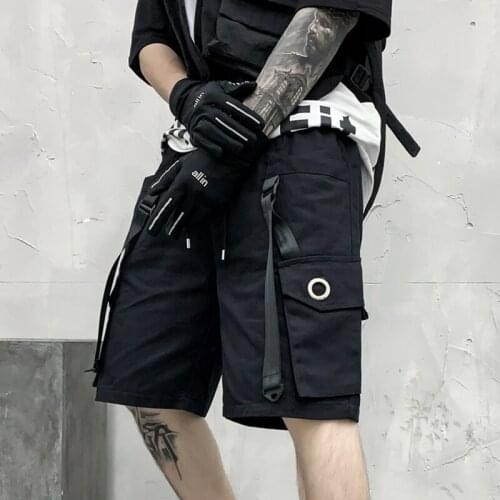 Men Cargo Shorts Black Hip Hop Streetwear Cotton Summer Casual Male Pocket Elastic Joggers