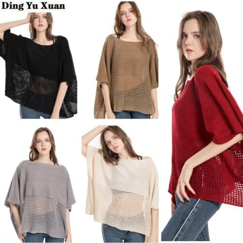 Warm Knitted Pullover Sweaters Women Slash Neck Cloak Hollow Out Capes Ponchos Irregular Loose Shawls Coat Femme Khaki Grey Red