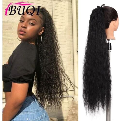 BUQI Long Curly Fake Hair Pieces Drawstring Ponytail Black Synthetic High Temperature Fiber Hair Extensions for Women