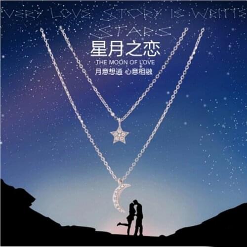 DreamySky Boho Silver Color Layered Chain Moon Star Necklaces For Women Pure Silver Choker Necklace Christmas Jewelry