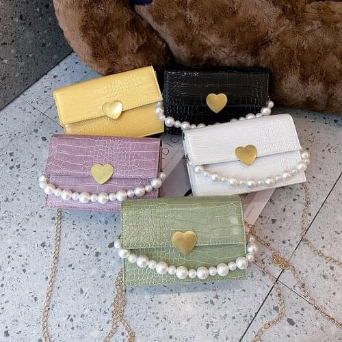 Fashion Alligator Pattern PU Leather Women Shoulder Bags Solid Color Messenger Pearl Female Chain Love Heart Buckle Handbag