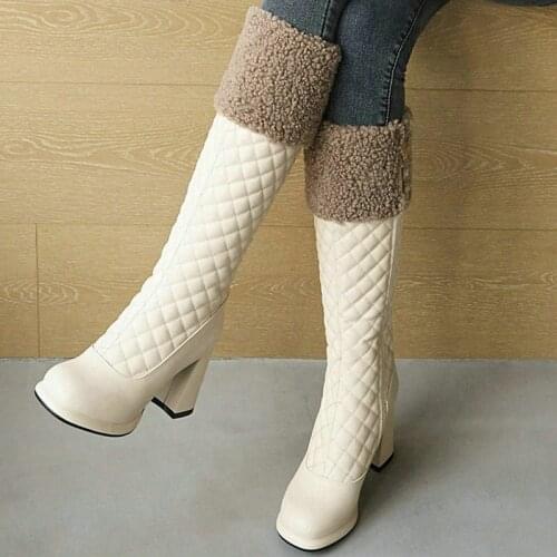 2021 Women Knee High Boots Platform Square High Heel Ladies Winter Boots Short Plush Round Toe Womens Boots PU Leather Shoes