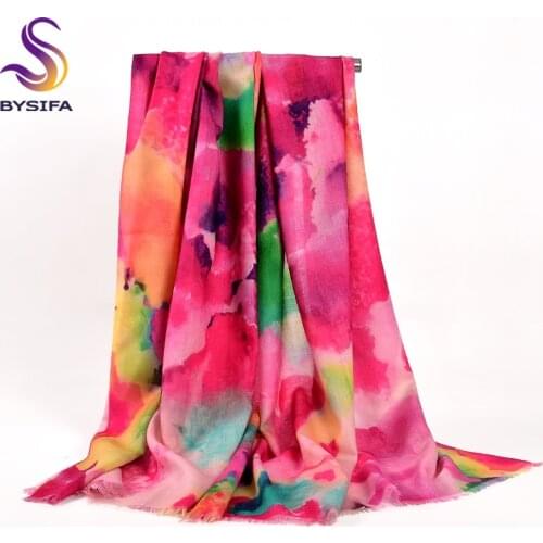 [BYSIFA] Winter Hot Pink Wool Cashmere Scarves Shawls Women Chinese Style Floral Design Long 100% Wool Ladies Scarves Pashmina
