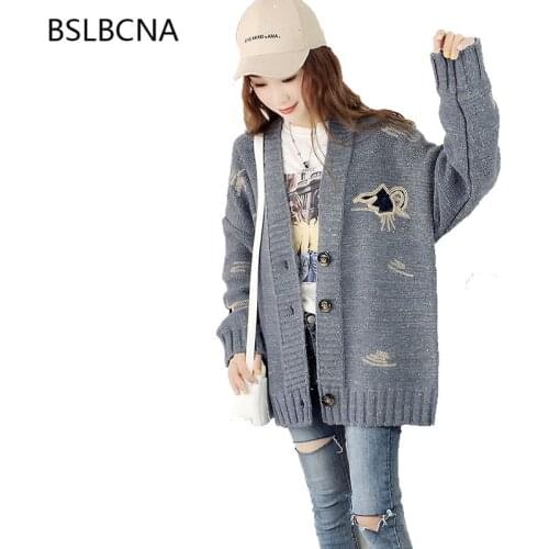 2021 Casual Vintage Korean Style Loose Sweater Tops Single Breasted Autumn Winter Coat Women Knitted Embroidered Cardigan A267