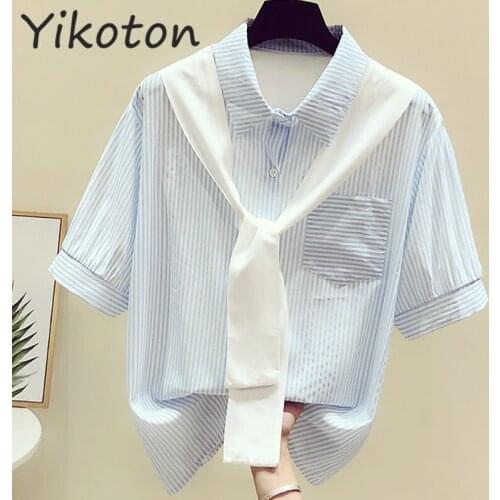 Korean Fashion Womens Top and Blouses Chiffon Women Blouses Short Sleeve Stripe Black Shirts 2021 Summer Casual Womens Clothing