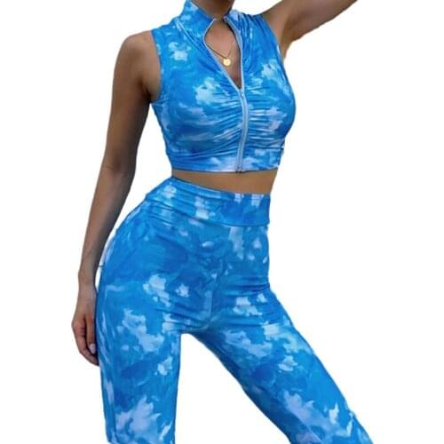 Women Zipper Vest Sports Pants Suit Tie Dye Printed High Neck Summer Sport Fitness Running Sleeveless Top Tracksuit