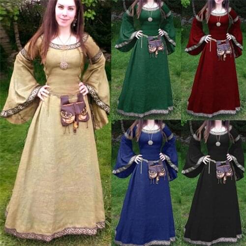 2021 Medieval Style Long Dress for Women Classical Middle Ages European Central Party Long Sleeve Round Neck Slim Ladies Dress