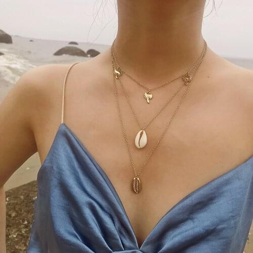 Fashion Daily Casual 3 Layers Necklace Gold Color Coconut Tree Shape Cowries Shell Pendant Necklace Layered Jewelry for Women