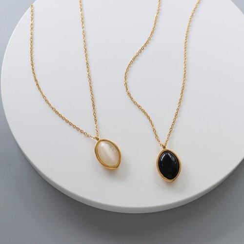 2021 Trend Jewelry Irregular Geometric Black Onyx Luster White Opal Oval Vintage Pendant Stainless Steel Necklace For Women Gift