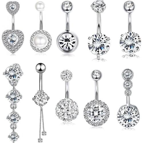 10Styles Sexy Dangling Navel Belly Button Ring Oreja 14G Double Round Cubic Zirconia 316L Surgical Steel Belly Piercing Jewelry