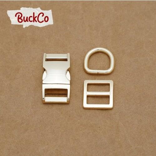 15mm Light gold(metal buckle+Tri-Glid+D ring/set)for DIY handmade bags belts dog collar webbing sewing premium accessory