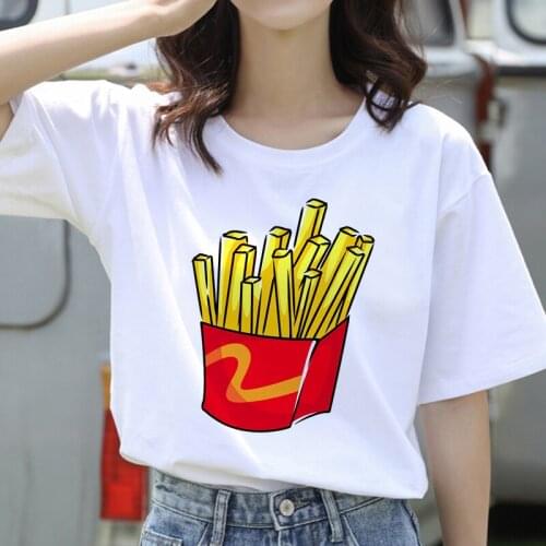 2020 Summer Women T-shirt Cartoon fries Burger Printed Tshirts Casual Tops Tee Harajuku 90s Vintage White tshirt Female Clothing