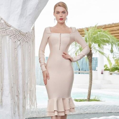 Free Shipping Wholesale 2021 Womens Dress Beige Long Sleeves Fashion Sexy Mermaid Celebrity Cocktail Party Bandage Dress