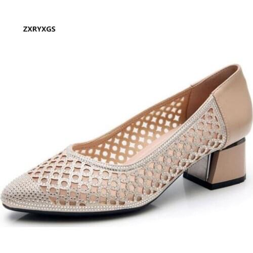 Large Size Pointed Microfiber Mesh Cowhide Rhinestones Summer Shoes Woman Fashion Sandals Breathable Thick Heel Women Sandals