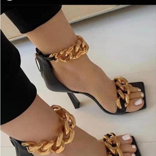 Ankle Strap Summer Clear PU High Heel Sandals Summer Fashion Chain Design Slip on Square Toe Zipper Slides Women Mules 35-43