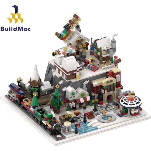 BuildMoc Friends For Girl Architecture MOC Winter Village Wonderland Train Building Blocks Bricks Friends House Toy For Children