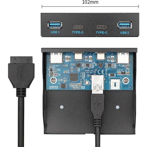 Cablecc USB 3.0 HUB 4 Ports Front Panel & USB-C to Motherboard 20Pin Connector Cable for 3.5" Floppy Bay