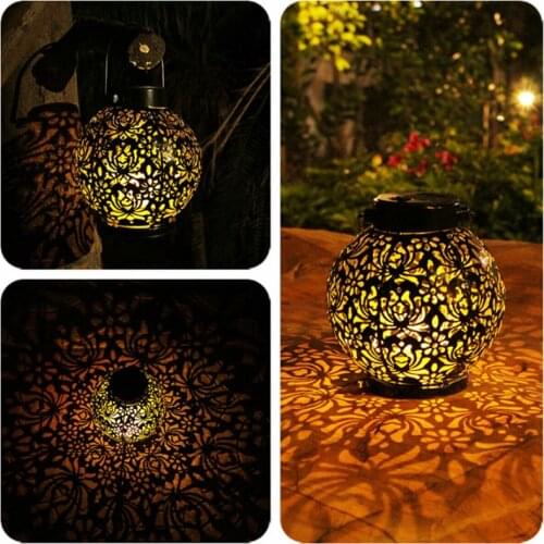 Morrocan Lantern Hollow Hang Garden Decoration LED Lights Solar Powered Portable Outdoor Lamp Spotlights Retro Lamps Interior