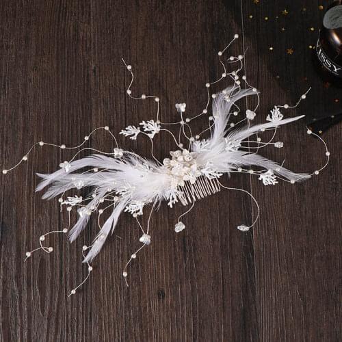 FORSEVEN Romantic White Feather Shining Crystal Simulated Pearls Headpieces Hair Combs Tiaras Bride Noiva Wedding Headbands