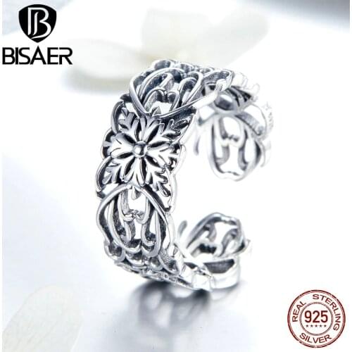 BISAER 100% 925 Sterling Silver Vintage Carved Flower Open Rings Adjustable Elegant Rings Fashion Jewelry Gift Wholesale ECR500