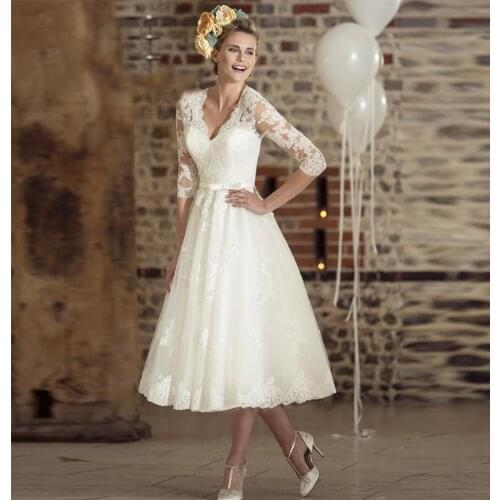 Short Lace Tea Length Wedding Dresses Long Sleeves V Neck Bridal Gowns Lace Appliques vestido de noiva Custom Size