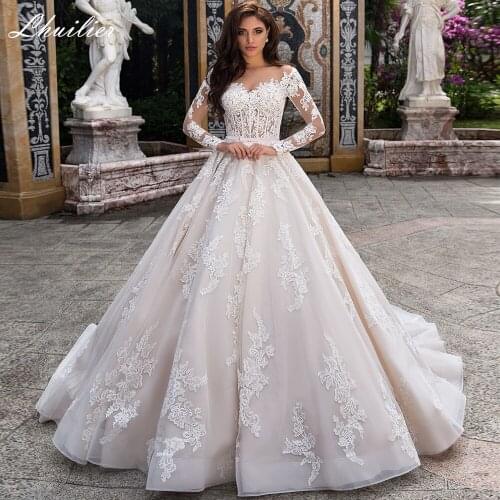 Lhuilier A Line Scoop Neck Full Sleeves Vintage Wedding Dresses 2021 Lace Appliques Floor Length Tulle Bridal Gowns with Belt