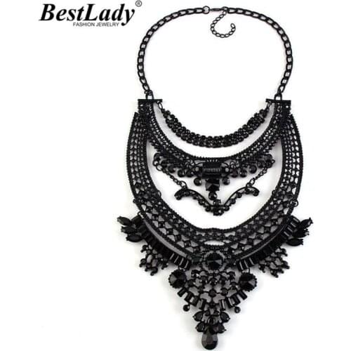 Best lady Black Boho Statement Luxury Crystal Vintage Maxi Necklaces & Pendants Ethnic Metal Rhinestones Choker Necklace 2799