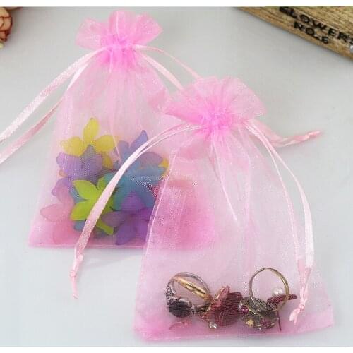 Wholesale 1000 pcs/lot 7x9cm Pink drawable organza Christmas wedding gift bags jewelry packing drawable organza bags&pouch