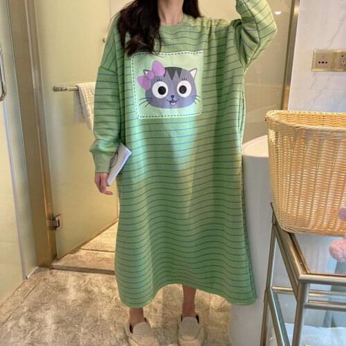 Womens Sleepwear Warm Breathable O Neck Long Sleeve Night Dress Loose Knee Length Pajamas Night Gowns Cartoon Home Wear Girls