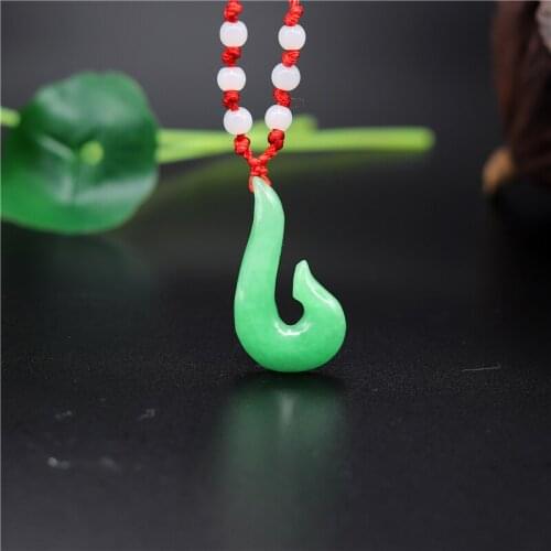NEW Natural Green Emerald Jade Fish Hook Carved Pendant Jadeite Necklace Charm Jewellery Fashion Amulet Gifts for Women Men
