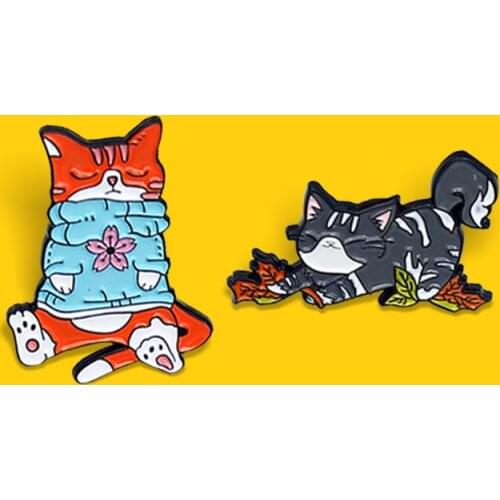 Cute Grey Orange Cat Brooch Play maple leaves Pink Cherry blossoms Kitty Enamel Pin Cartoon Animal Badge Jewelry Gift for Kids