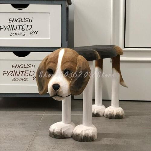 Handmade Wood Carving Medium Beagle Hound Tea Table Stool Shoe Stool
