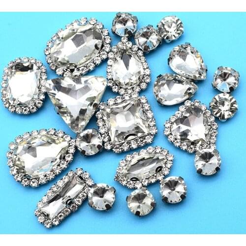 Top Grade Clear White Flat Crystals Buckle+Claw Rhinestones,Silver Base Galss Sew On Gems Clothing Bag Jewelry Nails Accessories