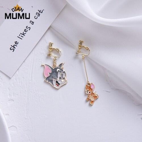Korean Cartoon Cute Cat And Mouse Earrings Female Temperament Cold Simple Earrings Ear Clips Party Jewelry Accessories Gift