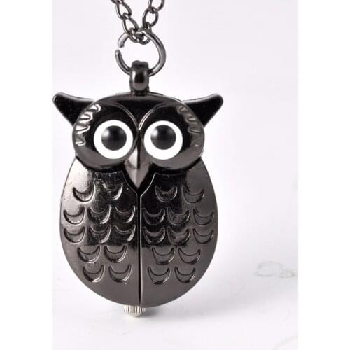 Vintage All Black Owl Case Fashion Quartz Pocket Watch Necklace Bronze Pendant Chain Clock Fashion Women Men For Gift